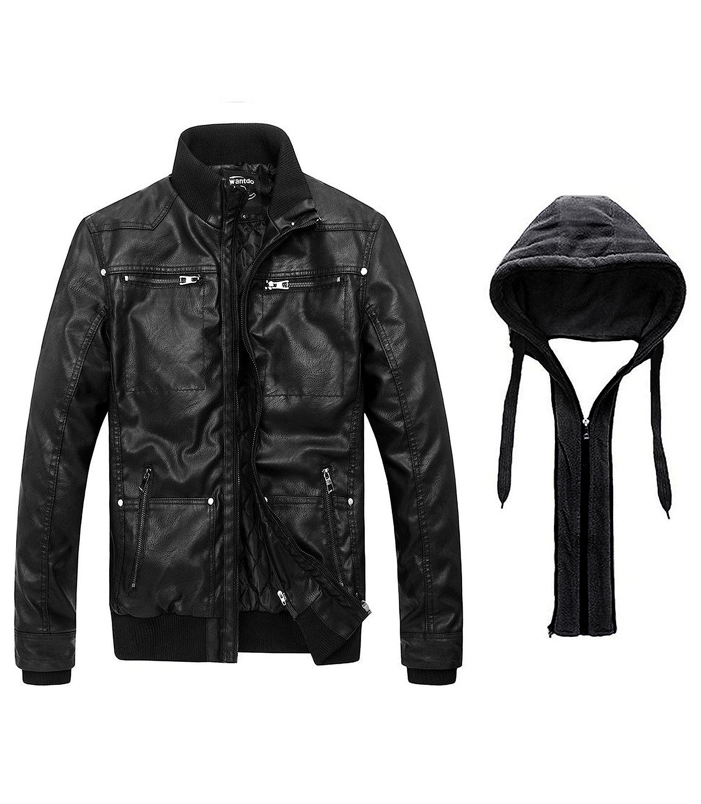 wantdo Men's Faux Leather Jacket with Removable Hood Motorcycle Jacket Casual Warm Winter Coat, Pure Black(thick), Medium - Image 7