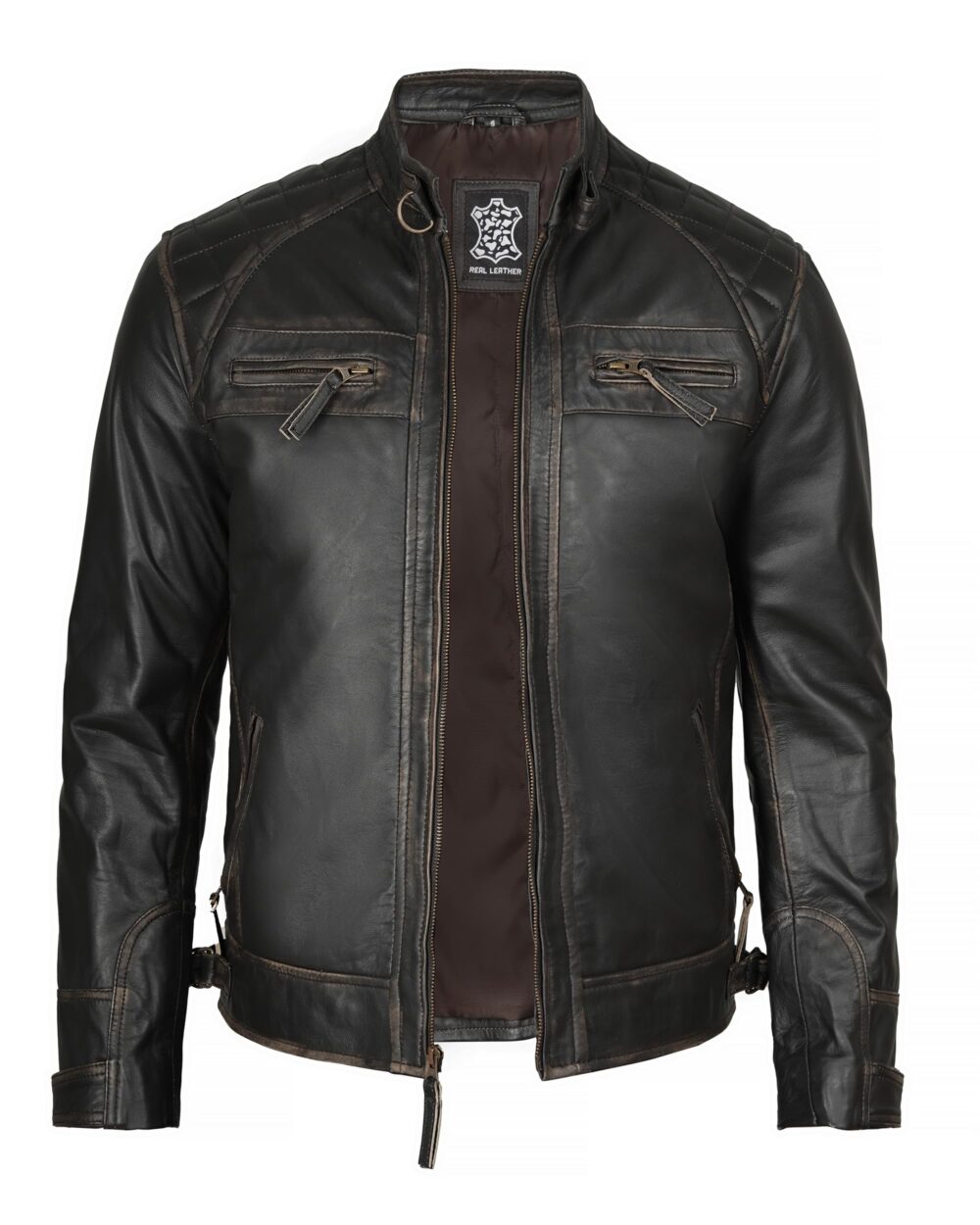Decrum Leather Jacket Men - Cafe Racer Style Real Lambskin Leather Jackets For Men, Diamond 1 Distressed Brown, Large - Image 6