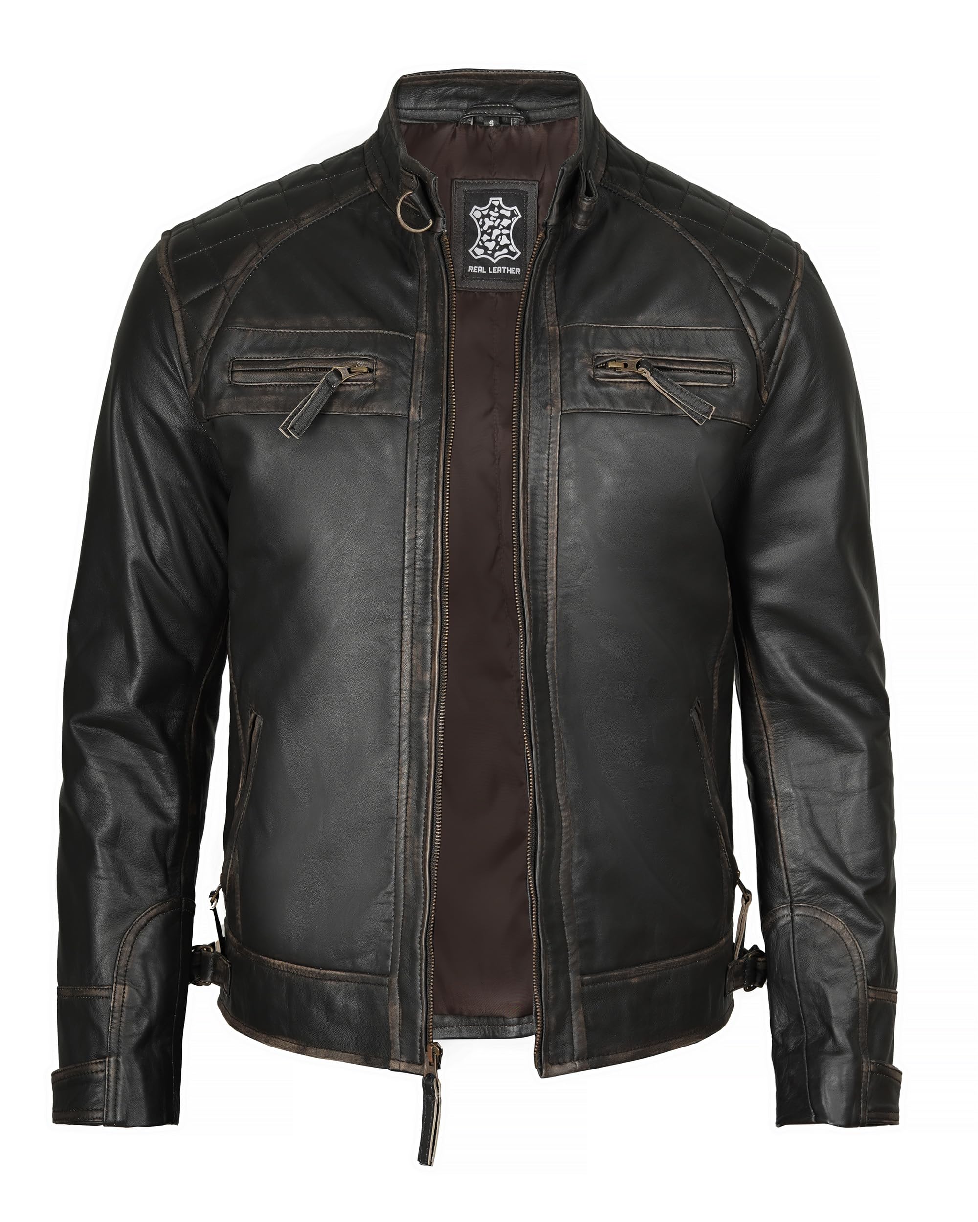 Decrum Leather Jacket Men - Cafe Racer Style Real Lambskin Leather Jackets For Men, Diamond 1 Distressed Brown, Large - Image 6