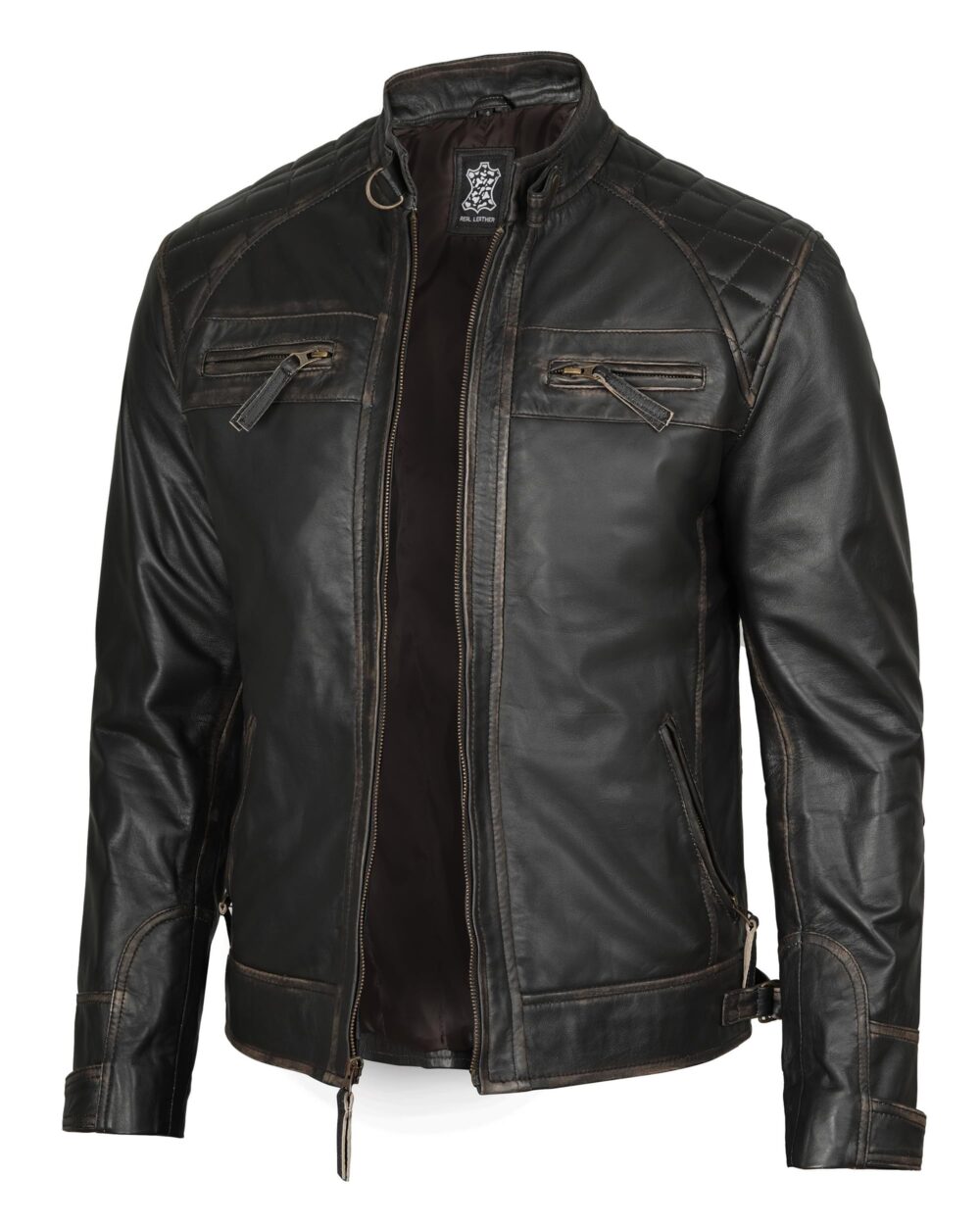 Decrum Leather Jacket Men - Cafe Racer Style Real Lambskin Leather Jackets For Men, Diamond 1 Distressed Brown, Large
