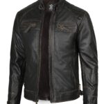 Decrum Leather Jacket Men - Cafe Racer Style Real Lambskin Leather Jackets For Men, Diamond 1 Distressed Brown, Large