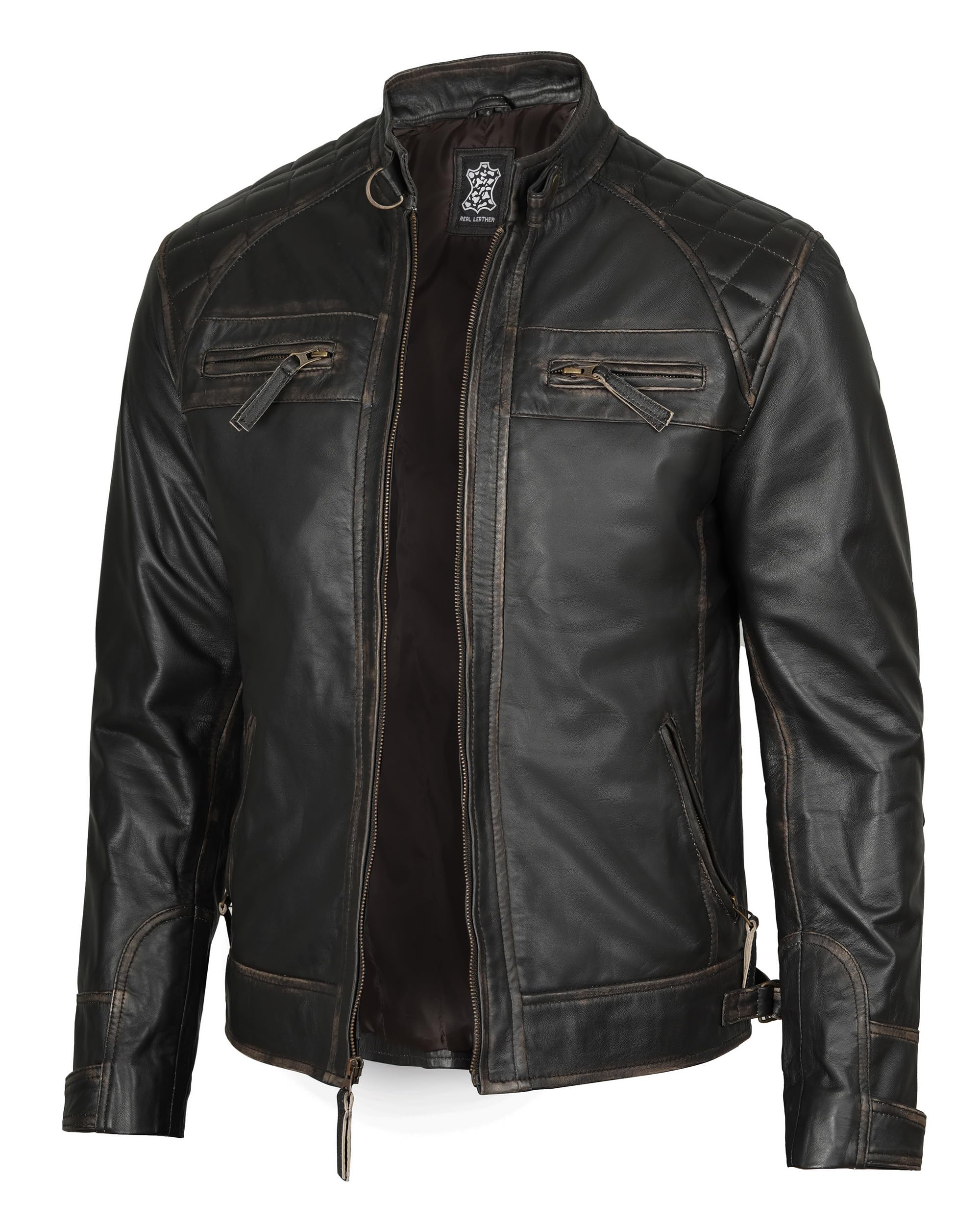 Decrum Leather Jacket Men - Cafe Racer Style Real Lambskin Leather Jackets For Men, Diamond 1 Distressed Brown, Large