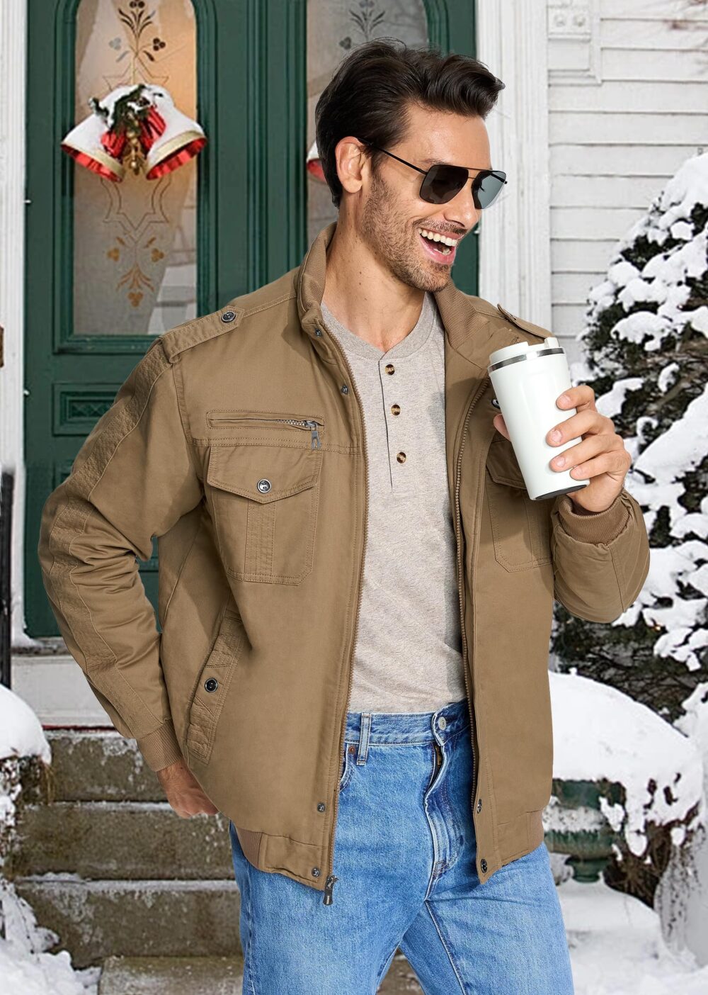 Winter Field Military Fashion Cargo Bomber Jacket for Men - Brown - Image 2