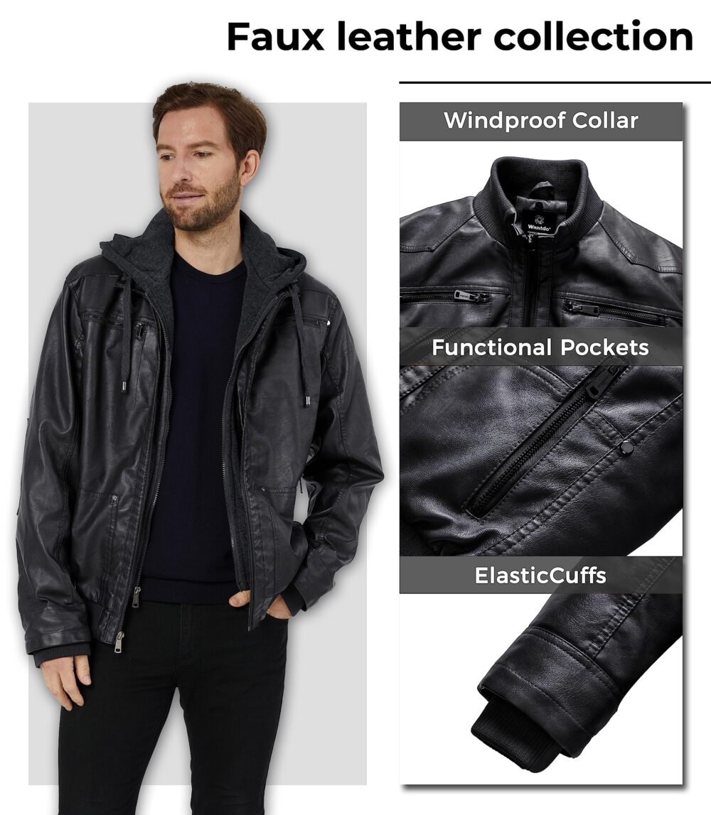wantdo Men's Faux Leather Jacket with Removable Hood Motorcycle Jacket Casual Warm Winter Coat, Pure Black(thick), Medium - Image 4