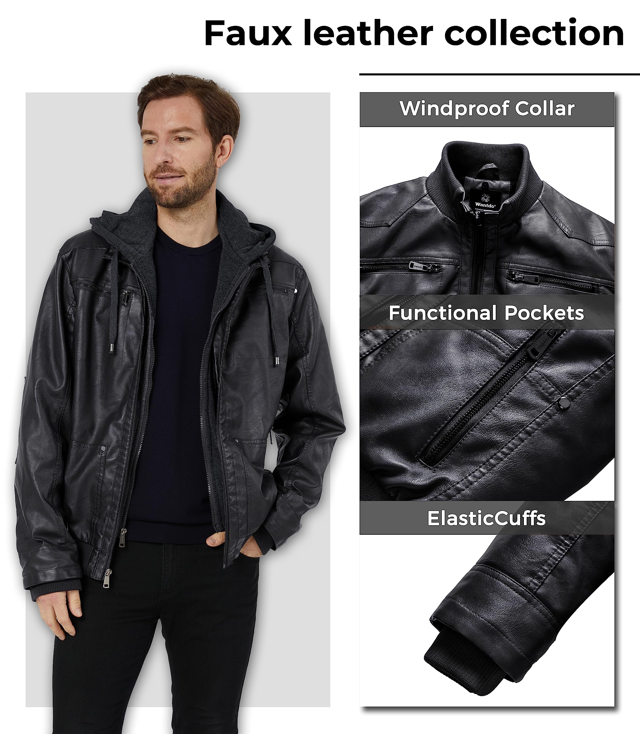 wantdo Men's Faux Leather Jacket with Removable Hood Motorcycle Jacket Casual Warm Winter Coat, Pure Black(thick), Medium - Image 4